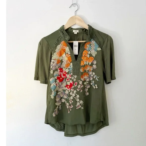 Anthropologie TINY Floral Embroidered Green Top NWT - Picture 2 of 7